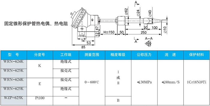 電站測(cè)溫專用熱電偶固定錐形保護(hù)管規(guī)格表